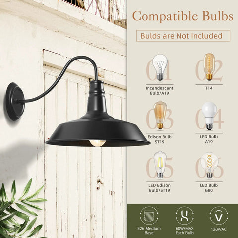 14 Inch Gooseneck Barn Lights Outdoor Black Wall Sconce 2 Pack For Porch, Farmhouse, Garage Exterior Lighting, bulb compatibility chart.