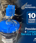 Macnaught P3TR 50:1 air-operated grease pump on blue 5-gallon drum with booster gun and hose