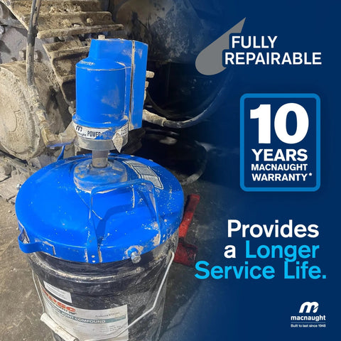 Macnaught P3TR 50:1 air-operated grease pump on blue 5-gallon drum with booster gun and hose
