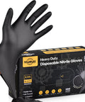 TitanFlex heavy-duty black nitrile gloves, 6-mil, fully textured, medium; 100-ct box with a gloved hand.