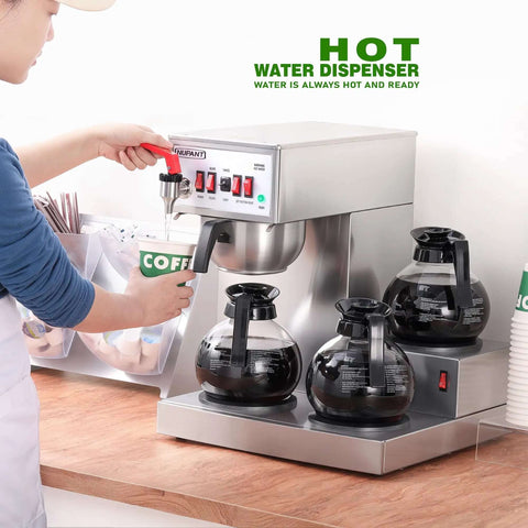 High Volume 12 Cup Auto Filling Drip Coffee Maker With Three Glass Carafes And Three Warmers Heavy Duty Stainless Steel Pour Over Brewer in use