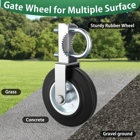 Heavy Duty Gate Wheels Two Pack Slick Support Casters For Metal Swing Gates Fits One Point Five Eight Inch To Two Inch Frames close-up of a sturdy rubber wheel on grass and concrete.