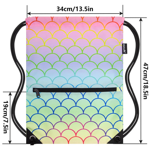 Colorful Fish Feather Drawstring Backpack Sackpack For Gym And Everyday Use with quick access zipper pocket, dimensions shown.