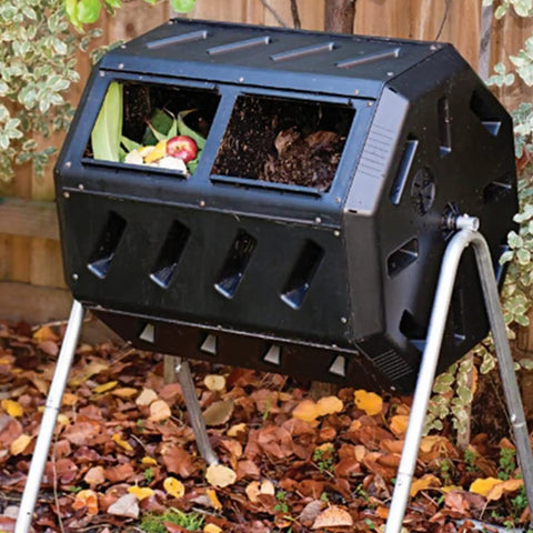 Dual Chamber Tumbling Compost Bin With Wheels, 37 Gallon Outdoor Garden Recycler, Elevated Rotating Bin For Easy Yard Composting, No Fuss Durable Plastic Black in garden