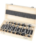 15 Piece Forstner Bit Set For Precision Wood Drilling with Round Shank, displayed in sturdy wooden storage case.