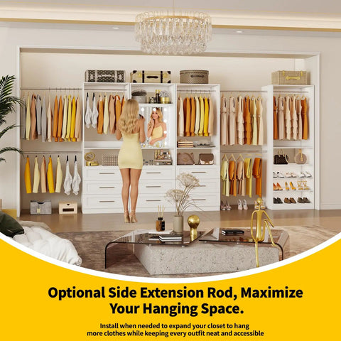 Modular Closet System With Nine Drawers And Eight Shelves For Walk In Rooms Includes Ten Hang Rods stands in a bright room with a mirror.