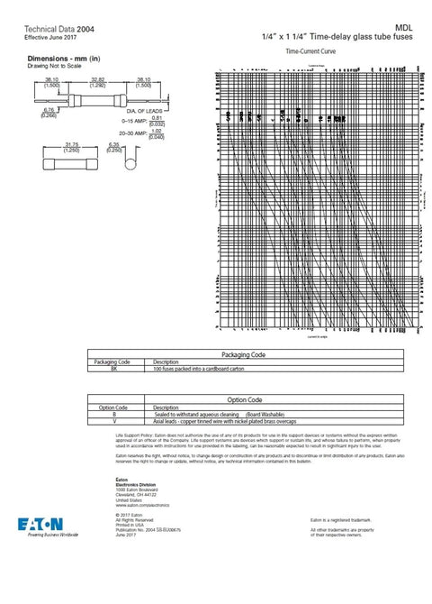 Technical drawing of Time Delay Slo Blo Glass Fuse One Amp 250 Volt 3AG Size One Quarter Inch By One And One Quarter Inch Pack Of Five.