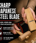 Top Shelf Japanese Kanna Block Plane held in hand, featuring a sharp steel blade and bamboo body, ideal for fine carpentry.
