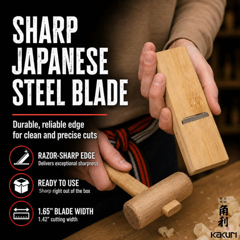Top Shelf Japanese Kanna Block Plane held in hand, featuring a sharp steel blade and bamboo body, ideal for fine carpentry.