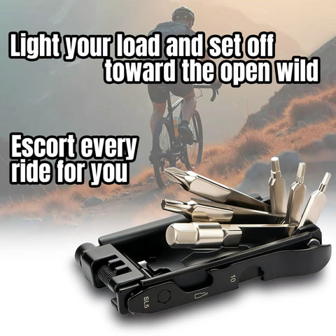 23 In 1 Bicycle Repair Tool Set Portable Magnetic Multitool with cyclist in background, designed for road, mountain, gravel bikes.