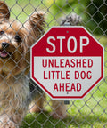 Tough As Nails Custom Stop Sign 18 X 18 Inches With Super Slick 3M Reflective Finish Hella Durable Rustproof Aluminum Metal For Outdoor Parking Lots Gates And Garages Usa Made beside a small dog behind a fence.