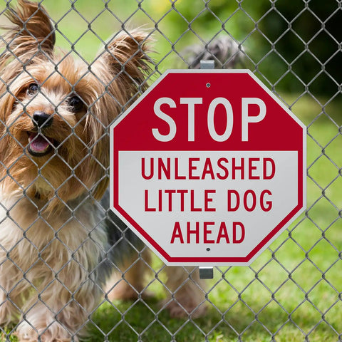 Tough As Nails Custom Stop Sign 18 X 18 Inches With Super Slick 3M Reflective Finish Hella Durable Rustproof Aluminum Metal For Outdoor Parking Lots Gates And Garages Usa Made beside a small dog behind a fence.
