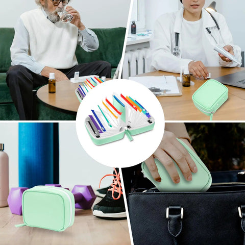 Waterproof Pill Organizer Set With 14 Color Coded Pouches Twice Daily Large Pill Holder For Seven Days on table and in bag use
