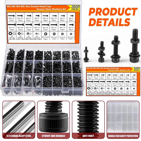 Built Tough Metric Hex Screw Set M2 M3 M4 M5 With Black Alloy Steel Bolts And Nuts Kit, 12.9 Grade Fasteners, Precise Threads For DIY Projects Auto Repairs And Everyday Machinery Fixes. Open case with M2-M5 black alloy steel screws, nuts and washers