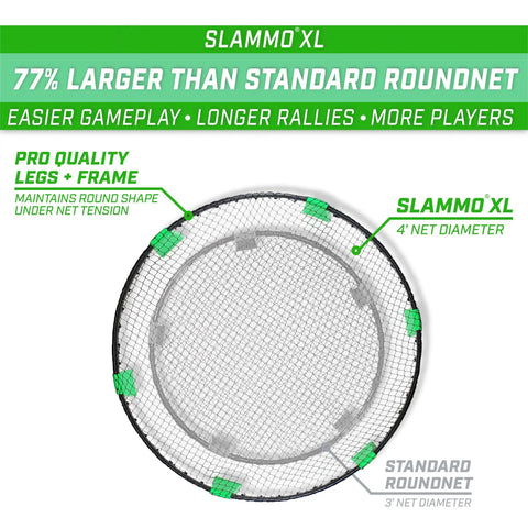 Slammo XL Extra Large Round Net Game For Beginners, showing 4ft net with frame, 77% larger than standard round net.