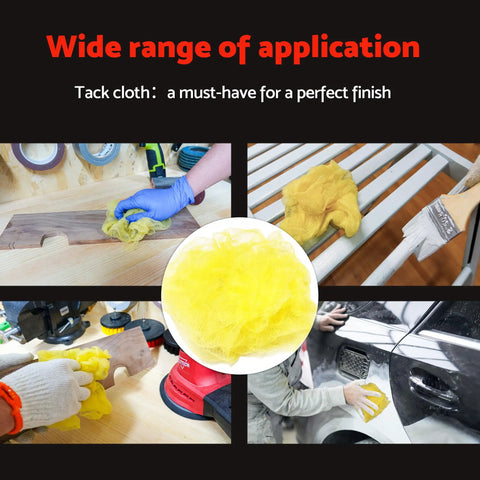 Pro Grade Paint Prep Tack Cloth Kit for Woodworking and Auto Painting, showing yellow tack cloths in use for sanding and cleaning