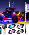 Illuminated UTV with 2 Pack 3ft LED Whip Light And 4 Rock Light Combo Kit With Spring Bases, Switch, And App Control, night trail lighting