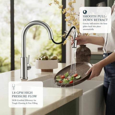 Single Handle Kitchen Faucet With Effortless Pull Down Sprayer Serving Both Clean Stream And Rinse Spray Quick No Fuss Diy Install Total Sink Makeover That Runs Like A Charm with high arc spout.