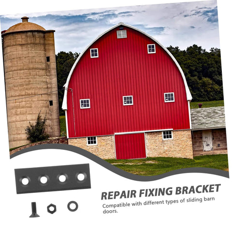 Heavy Duty Sliding Barn Door Track Connector Kit With Flat Straight Brackets shown near a red barn and silo.