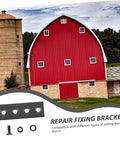 Red barn building next to silo with barn door hardware installation bracket parts shown below, labeled Repair Fixing Bracket.