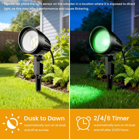 Outdoor usage of 8 Pack RGBW Low Voltage Landscape Lights Kit With 100W Transformer, color-changing spotlight in garden