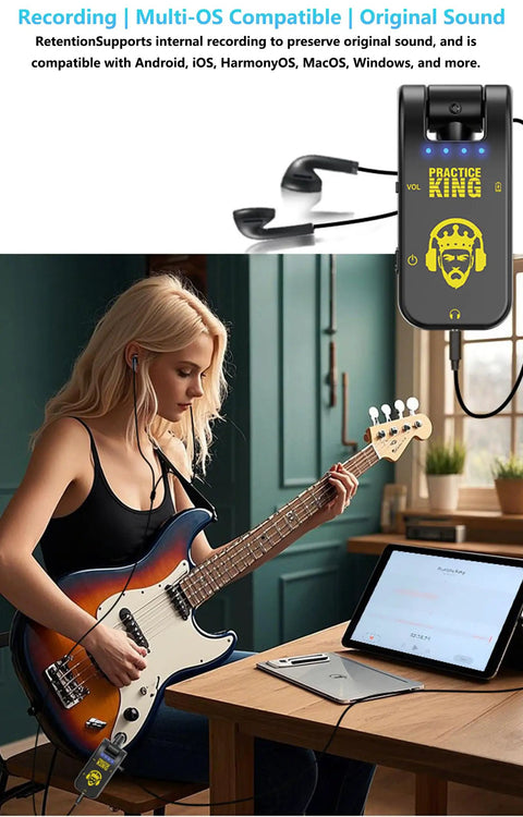 Woman using Compact 5W Guitar Headphone Amp with Built In DSP Distortion Timbre for Electric Guitars, connected to a guitar.