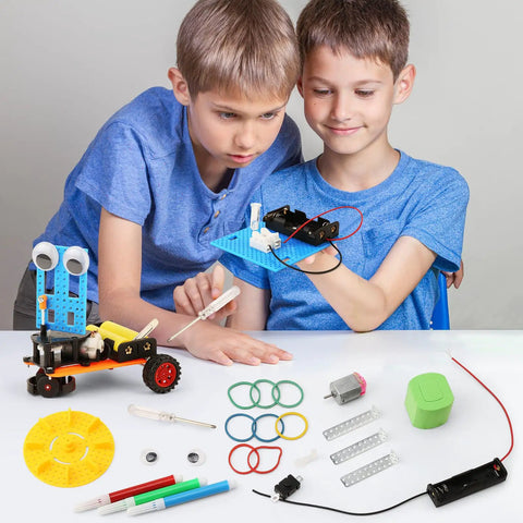 Two kids assembling parts of an Interactive Robot Building Kit for Kids Ages 8-12, Hands-On STEM Toys With Bubble Machine.