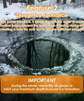 Frozen pond surface with ice formation, featuring instructions for using All In One Pond Aerator Kit With Check Valves Air Stones And Airline Tubing For Outdoor Ponds Up To 1000 Gallons No Fuss Easy Setup Low Watt Four Watt Pump Delivers Two Point Three PSI For Quick Oxygenation And Healthy Water to prevent ice buildup.