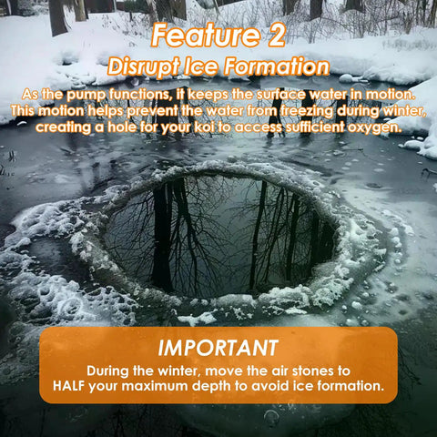 Frozen pond surface with ice formation, featuring instructions for using All In One Pond Aerator Kit With Check Valves Air Stones And Airline Tubing For Outdoor Ponds Up To 1000 Gallons No Fuss Easy Setup Low Watt Four Watt Pump Delivers Two Point Three PSI For Quick Oxygenation And Healthy Water to prevent ice buildup.