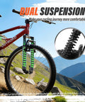 26 Inch Mountain Bike With Dual Suspension For Men Women And Adults, 7 Speed MTB with visible suspension fork detail