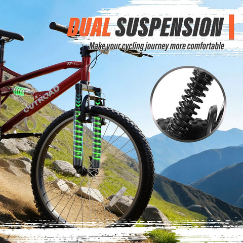 26 Inch Mountain Bike With Dual Suspension For Men Women And Adults, 7 Speed MTB with visible suspension fork detail