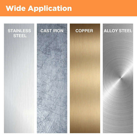 Jerax tools corner rounding end mill set banner showing four metal swatches: stainless steel, cast iron, copper, alloy steel.