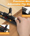 Precision Track Saw Parallel Guide System Featuring Micro Adjustable Flip Stop and Zero Calibration Fence for exact 0.001 inch adjustments being handled.