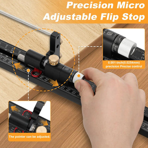 Precision Track Saw Parallel Guide System Featuring Micro Adjustable Flip Stop and Zero Calibration Fence for exact 0.001 inch adjustments being handled.