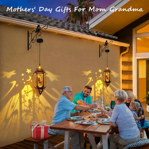 Family dining under 12.4 Inch Solar Outdoor Lanterns Waterproof Garden Lights With Moon And Star Cutouts, Hanging Patio Backyard Decor Red Copper 2 Pack