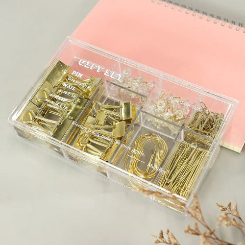 Gold Paper Clips And Binder Clips Set 154 Pcs Must Have Office Supplies Bundle With Jumbo Large And Small Clips Clear Push Pins
