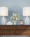 Glass Cloche Table Lamps Set Of 2 With LED Bulbs, Farmhouse Coastal Chic Accent Lights on a Wooden Console with Decor