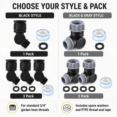 Swivel Garden Hose Connector With 180 And 360 Degree Rotations, Three Quarter Inch Fit, No Fuss Easy Flex Outdoor Faucet Extender For Tight Spaces Around Walls And Corners, Beds And RV Hookups, Stops Kinks And Tangling, black style 1 pack