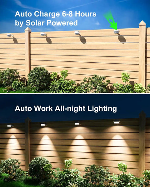 Eight Pack White Solar Powered Gutter Lights Outdoor Decorative Waterproof LED Fence Lamps illuminating garden fence