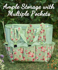 10 Piece Floral Design Garden Tools Set with tote bag open showing tools and multiple storage pockets, outdoors on grass