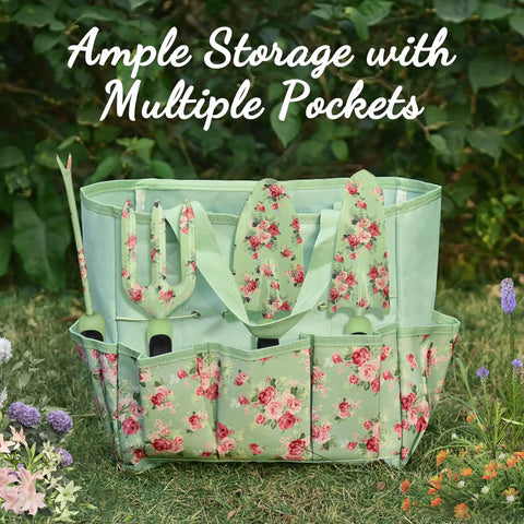 10 Piece Floral Design Garden Tools Set with tote bag open showing tools and multiple storage pockets, outdoors on grass