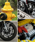 Collage featuring a yellow fire hydrant, a motorcycle wheel, a car engine, and a mechanical belt system.