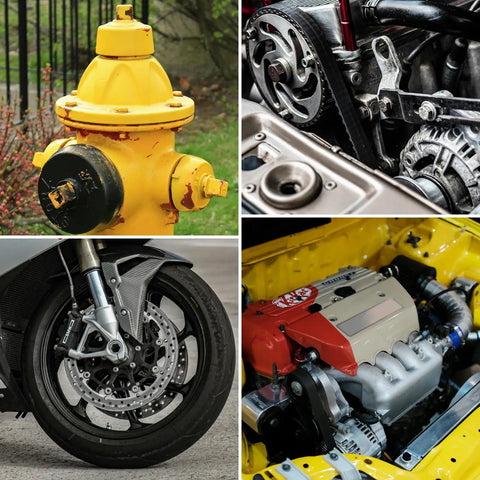Collage featuring a yellow fire hydrant, a motorcycle wheel, a car engine, and a mechanical belt system.