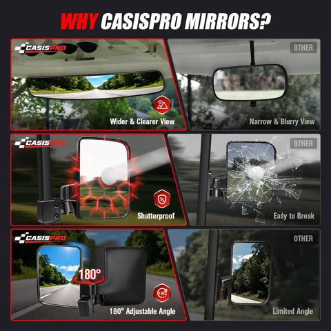 Universal Golf Cart Mirrors Offering HD Wide Angle Shatterproof Glass And Totally Legit No Drill Mount For Ezgo Yamaha Club Car rear view comparison.
