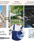 Collage showing DIY 10 Foot Metal Strapping Hose Clamp Kit with outdoor clamp, garden hose, and automotive use scenes.