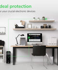 Home office setup with Back-UPS Pro Sinewave UPS 1500VA 900W Battery Backup And Surge Protector, desk, chair, and shelf.