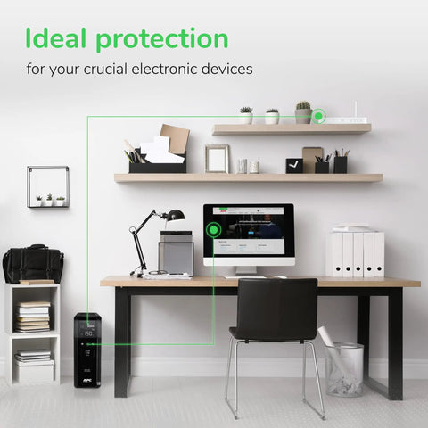 Home office setup with Back-UPS Pro Sinewave UPS 1500VA 900W Battery Backup And Surge Protector, desk, chair, and shelf.