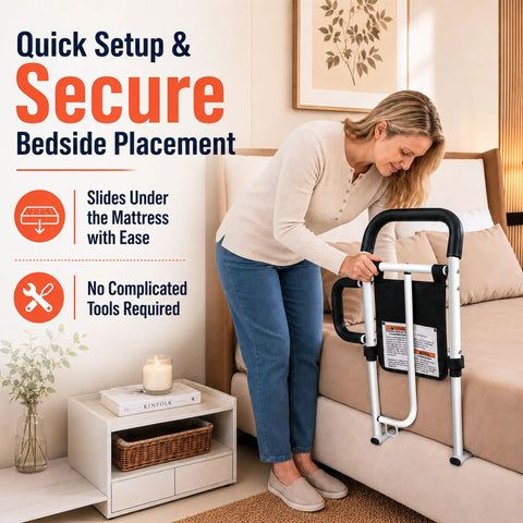 Heavy Duty Bed Rails for Elderly and Seniors Safe Bed Cane with 350LBS Capacity ASTM F318624 Certified in use by woman near bed