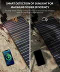 60W Foldable Portable Solar Panel Charger with PD USB C and QC3.0 USB A outputs showing sunlight detection comparison