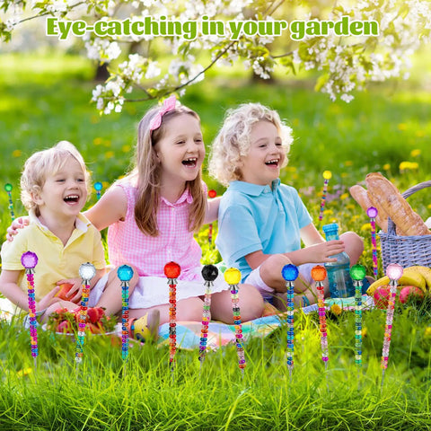 Awesome DIY Fairy Wand Garden Stakes Kit Includes 230pcs Colorful Beads And Complete Parts, kids enjoying colorful garden stakes.